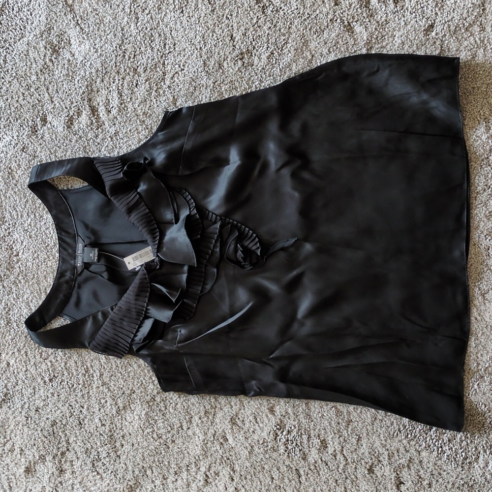 NWT White House Black Market Silk Black Ruffle Trim Tank Size Medium